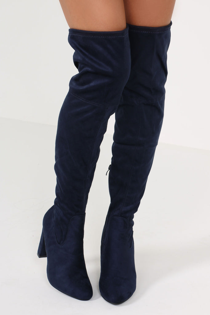 navy blue suede over the knee boots