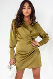 Oprah Olive Satin Wrap Over Dress