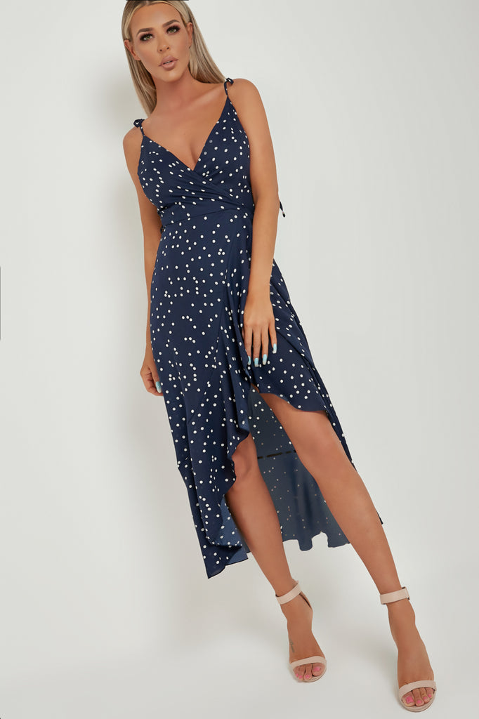 navy spotted midi dress