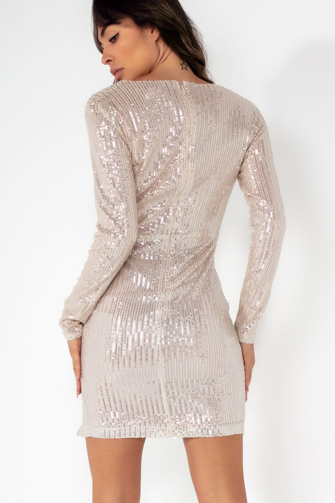 Queenie Champagne Sequin Wrap Mini Dress