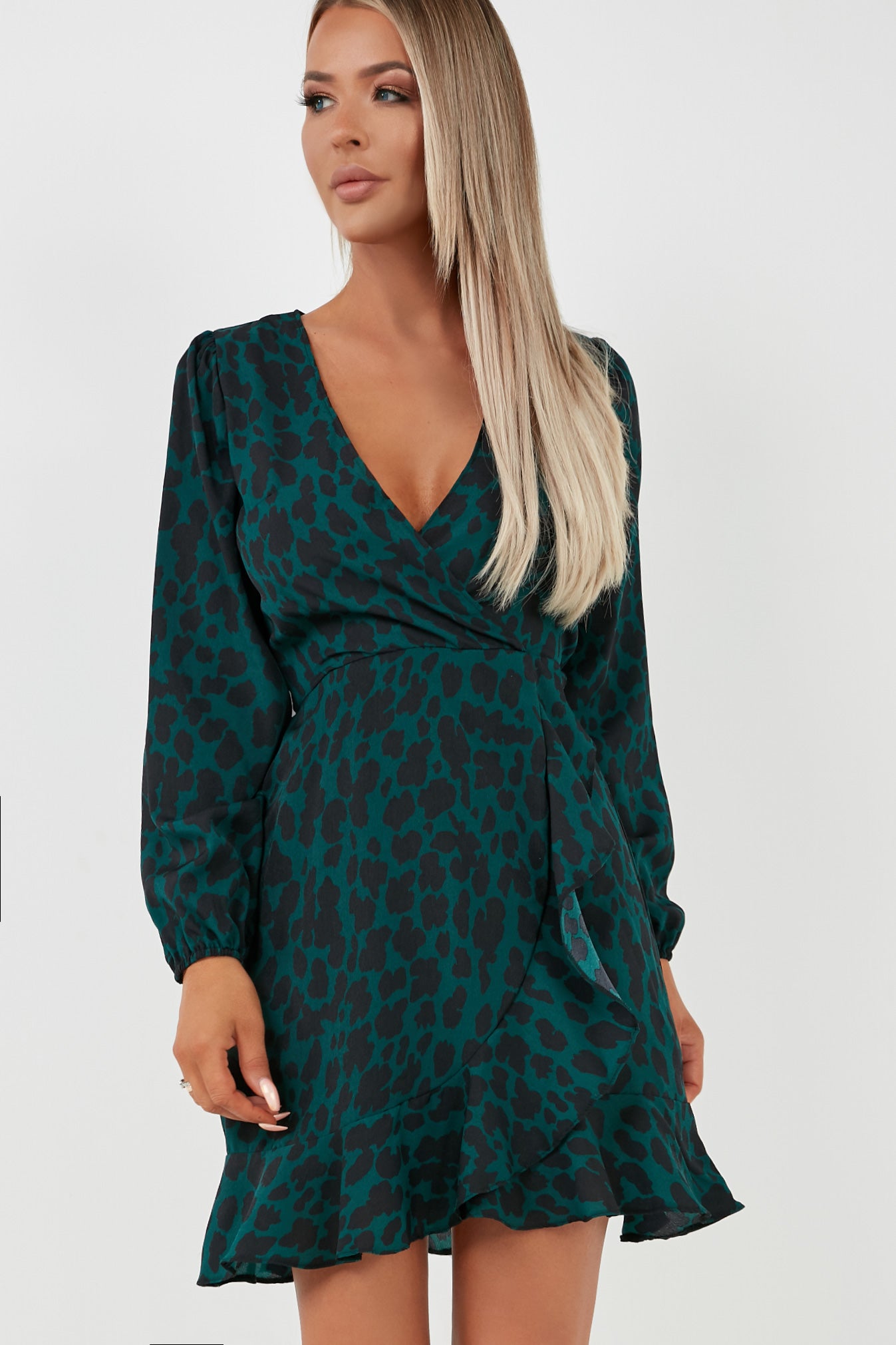 Green Animal Print Wrap Dress Top ...