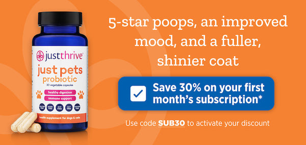 Just Pets Probiotic CTA banner image with SUB30 discount