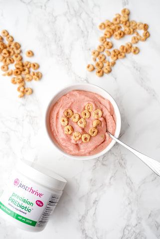 pink smoothie bowl with prebiotic