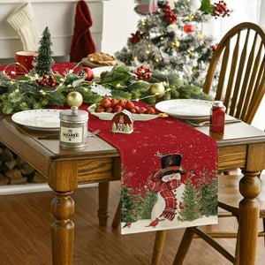 Snowman Christmas Birds Trees Table Runner 13x 108 inch - Sit WELL Upholstery - Snowman Table Runner