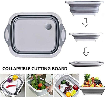 LIGHTSMAX 3-1 Multi Function Collapsible Cutting Board Drain Basket for Fruits Vegetable Meat Food Preparation - White