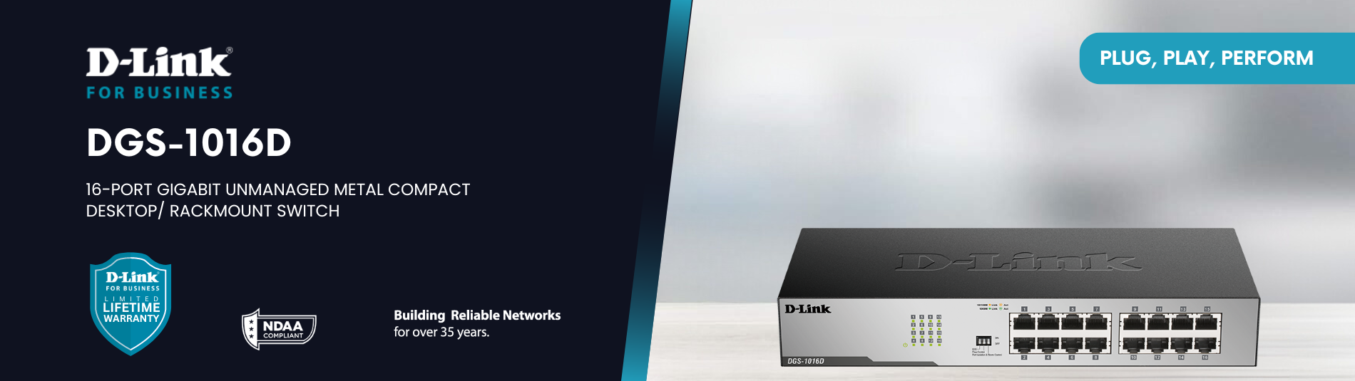 D-Link 16-Port Gigabit Ethernet Unmanaged/ Plug and Play Switch | Fanless |  Metal Compact | Desktop/Rackmount - (DGS-1016D)