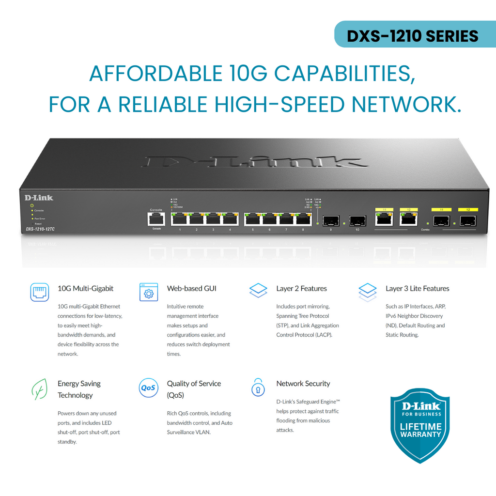 12-Port L2+ 10Gb Switch with 12x 10Gb SFP+ and 4x Gigabit RJ45 