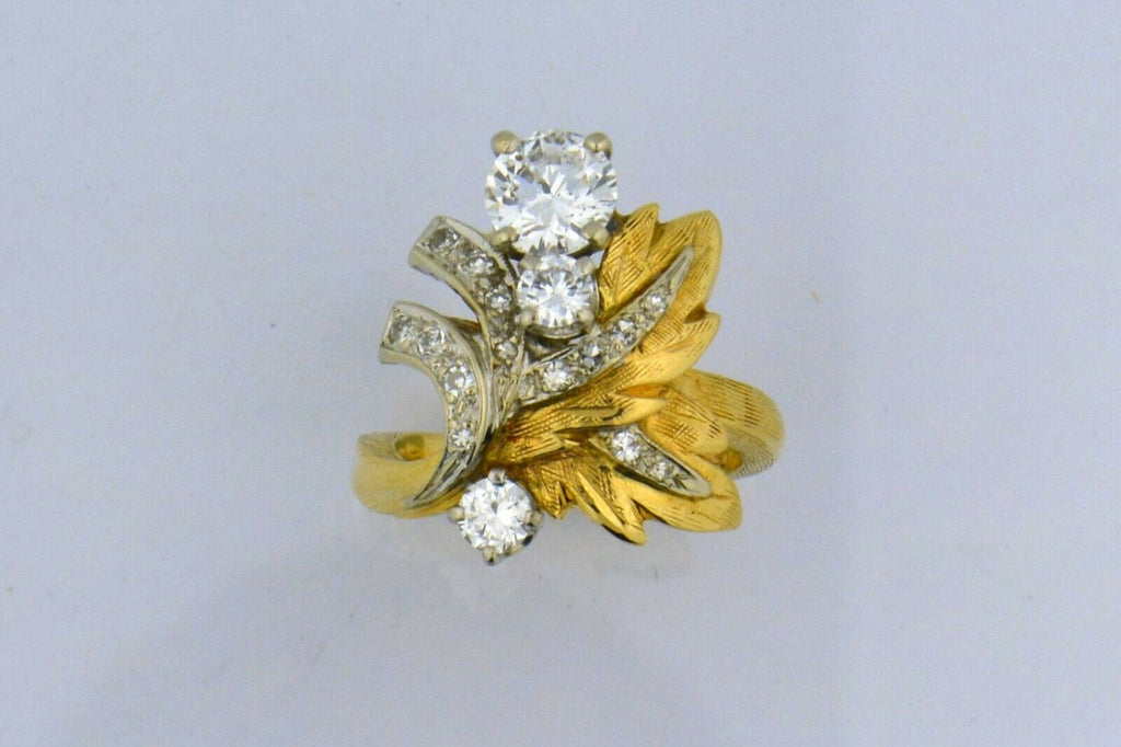 Antique Custom Leaf Inspired Ring 1.4cttw Diamonds 14K Yellow/White Gold Unique - Jewelry Works
