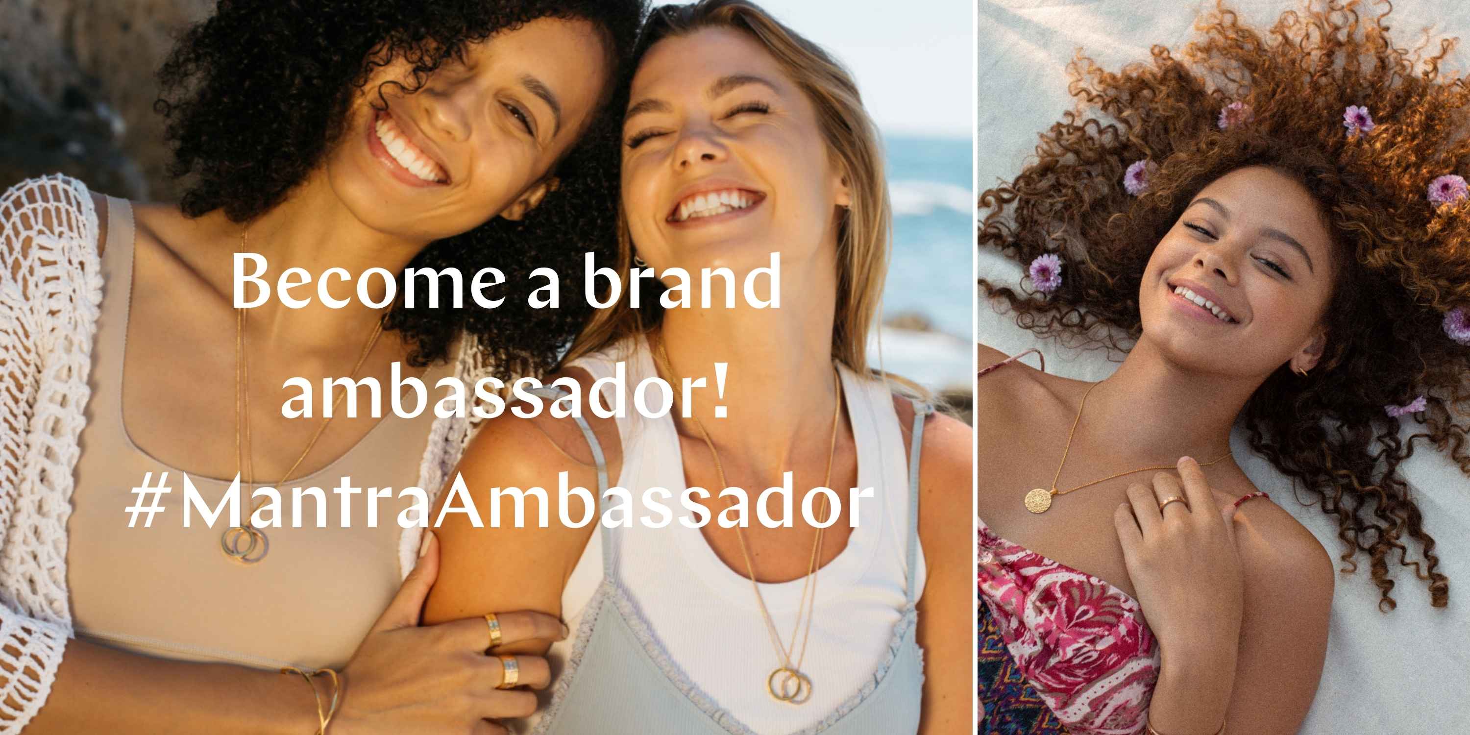 Become a brand ambassador #MantraAmbassador. Two Mantra Ambassadors are smiling in this image wearing their inspirational MantraBand jewelry.