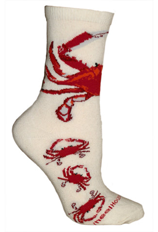 Red Crab Hug on Natural Crew Length Socks