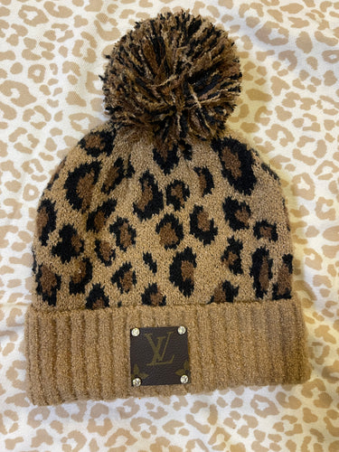 Upcycled LV Leopard Print Beanie with Pom Pom