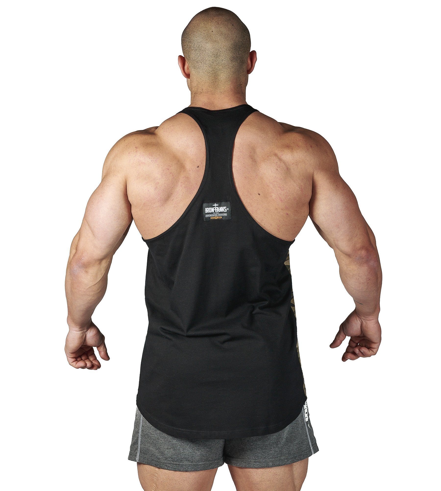 Mens T Back Split Woodland Camo Gym Bodybuilding Stringer | Iron Tanks