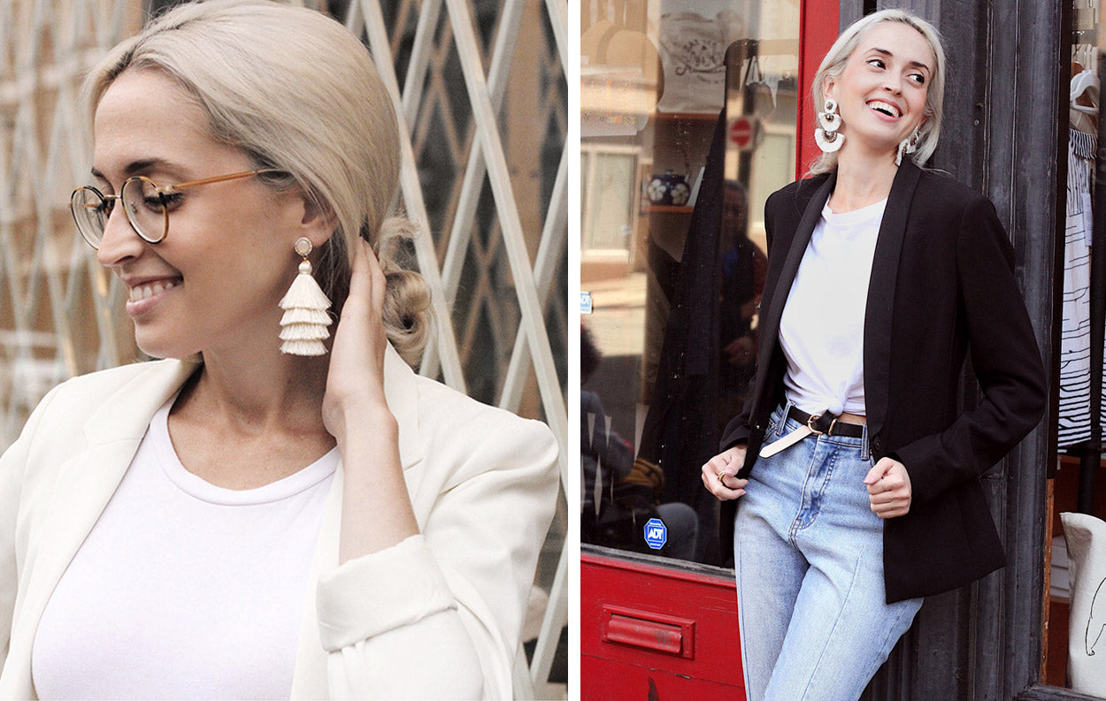 Ways to wear summer earrings in the fall - black and white chic