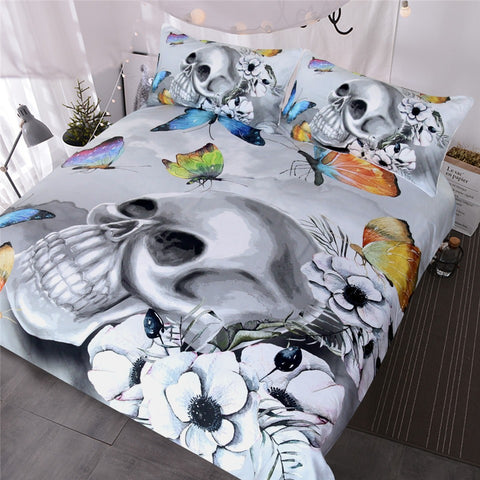 Gothic Bedding Set Floral Duvet Cover Black And White Skull