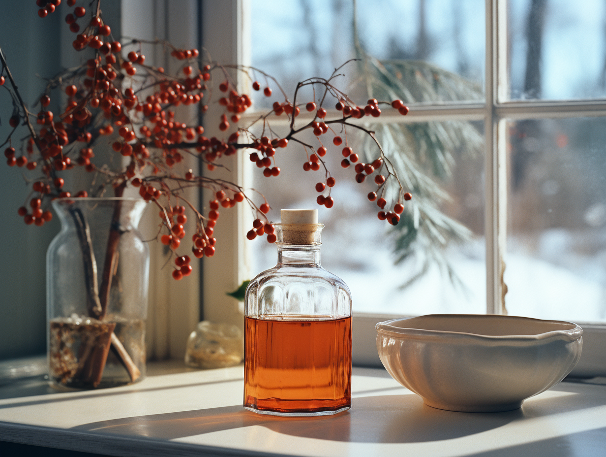 Photo of rosehip seed oil in a beaker in the winter