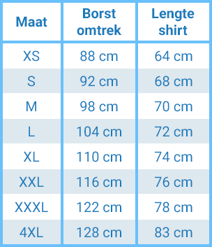 REM casual t-shirt maattabel