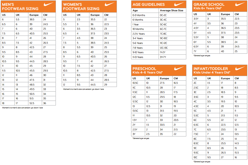 nike y size chart