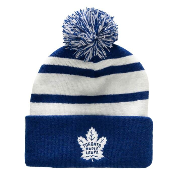 NHL MAPLE LEAFS Mitchell & Ness Stripe Cuffed Knit Hat with Pom  KTPCLD21212TMLB