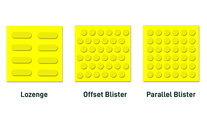 Tactile Paving Patterns Lozenge shape, Offset Blister and Parallel Blister Truncated Domes