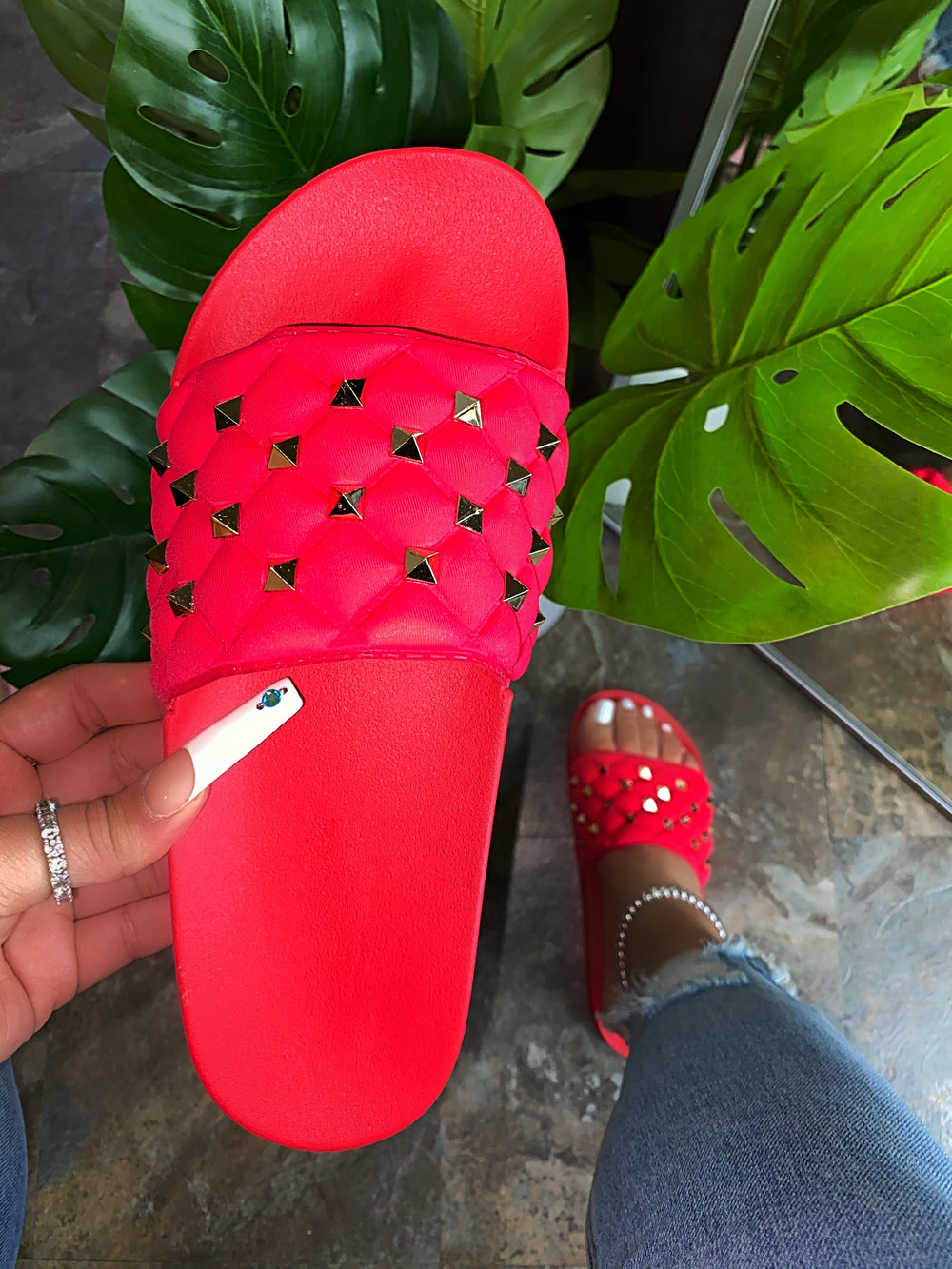 red studded sandals