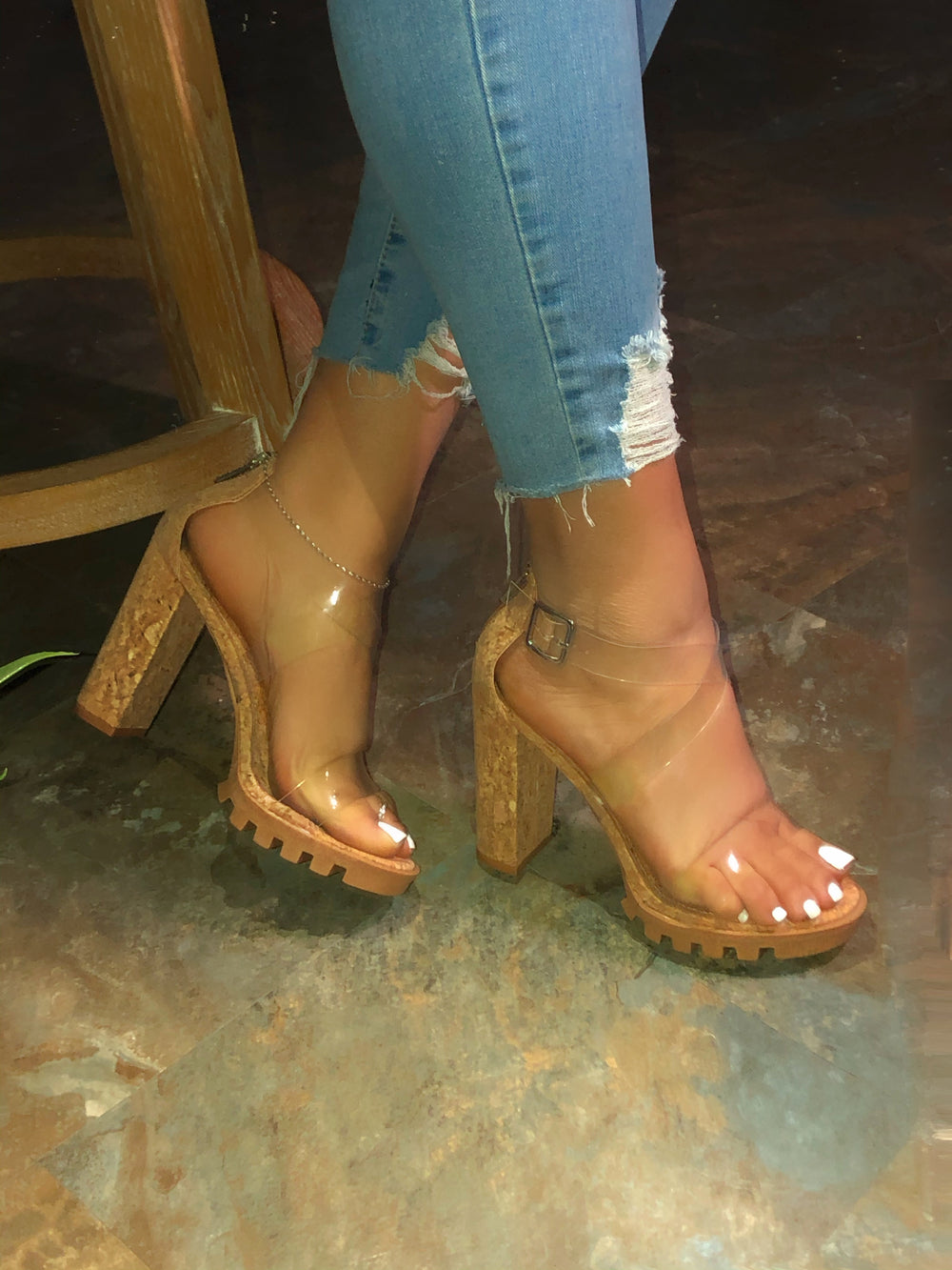 cork heels with clear strap