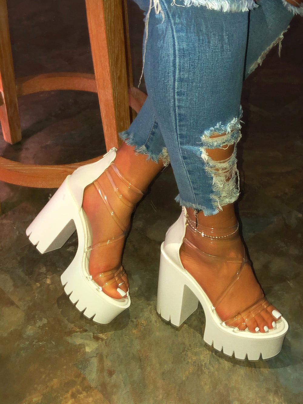 white heels with clear strap