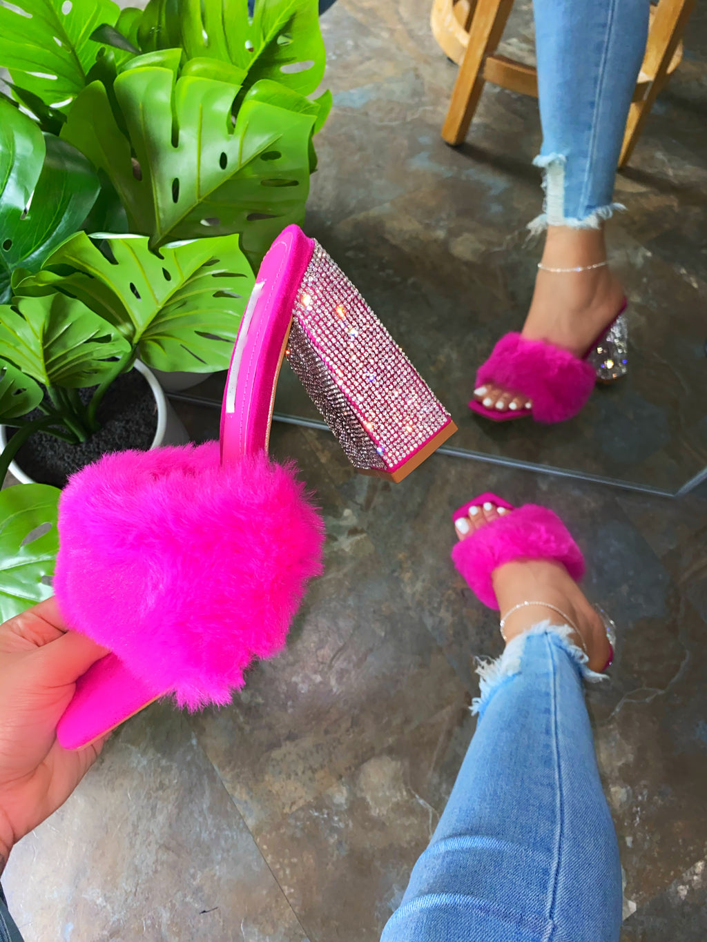 hot pink furry heels