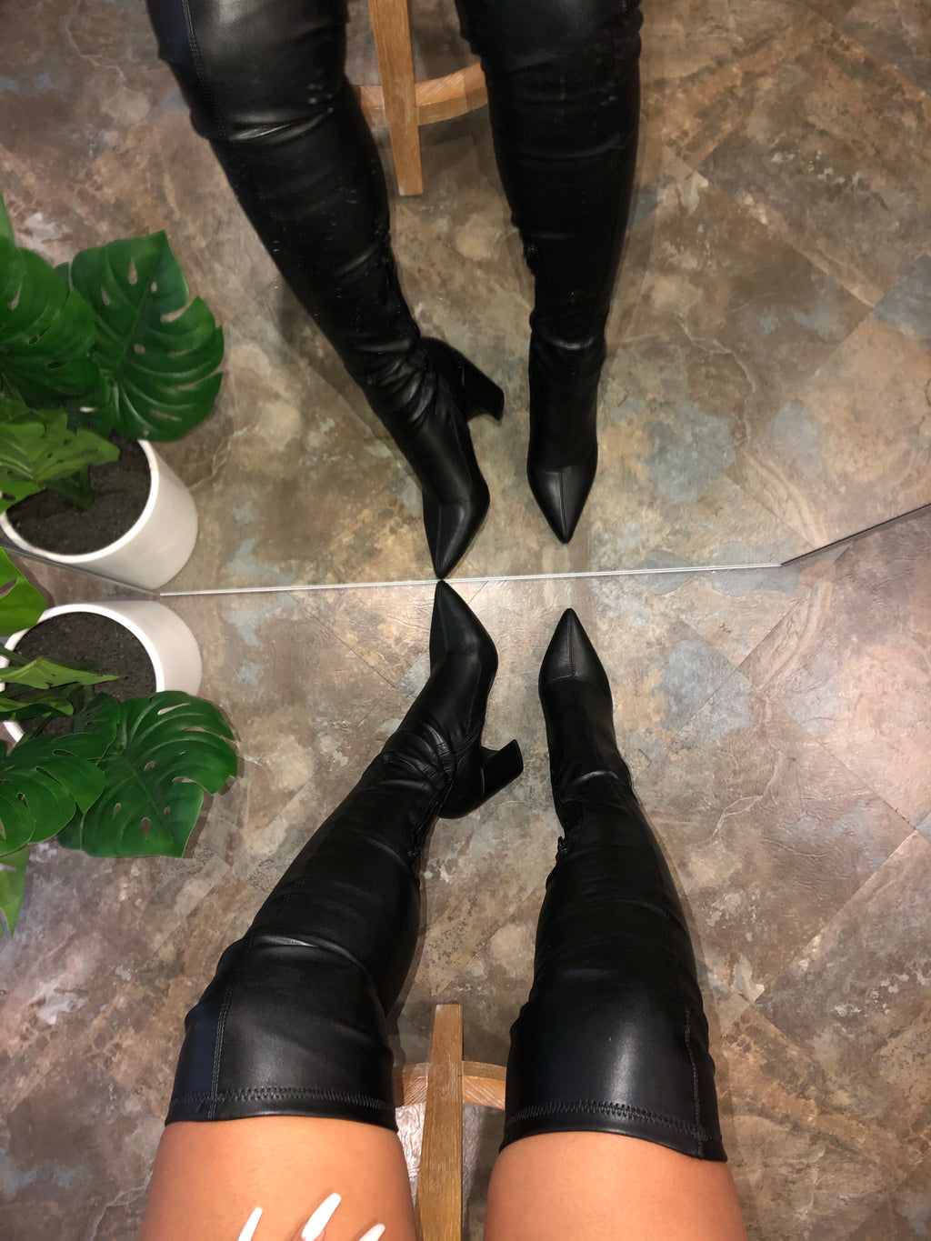 black pu thigh high boots