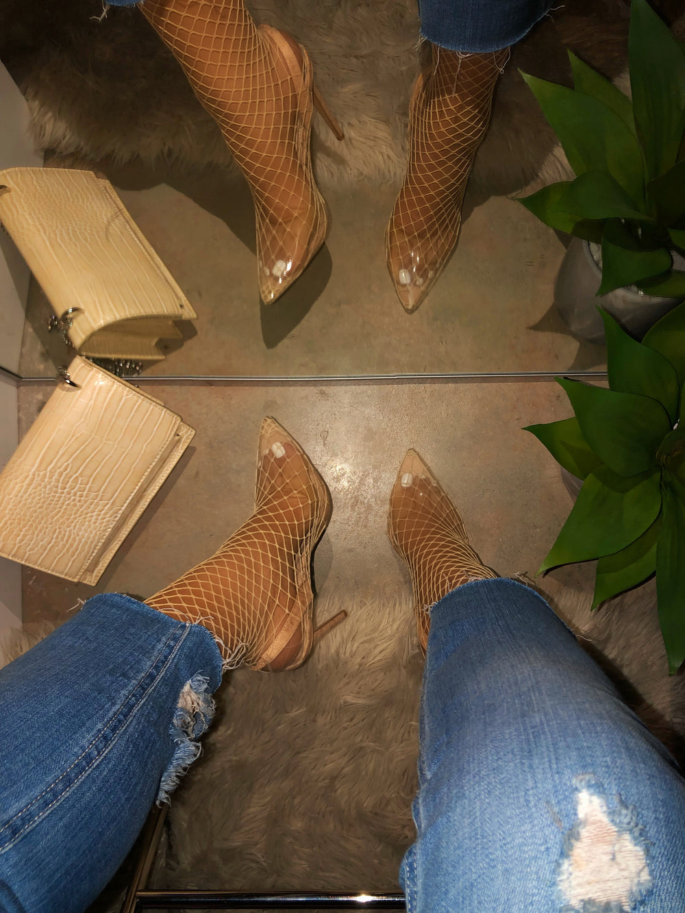 nude fishnet heels