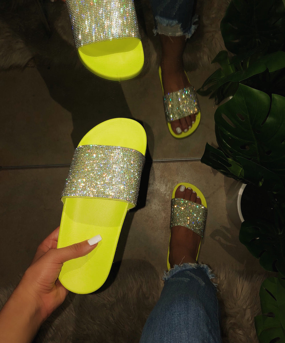 neon green rhinestone slides