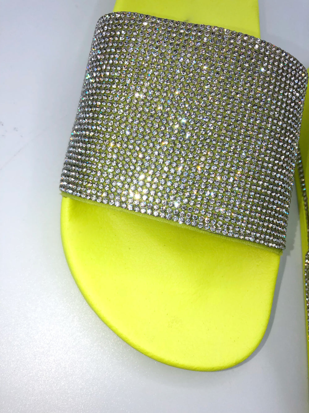 neon green rhinestone slides