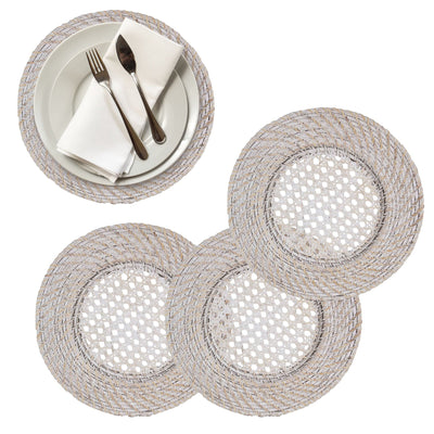 Made Terra 13" Round Rattan Charger Plates Webbing Net Open | Woven Rustic Dinnerware - Tableware Decoration Placemat Alternative for Weddings, Holiday Parties - (Set of 4 White-Washed)