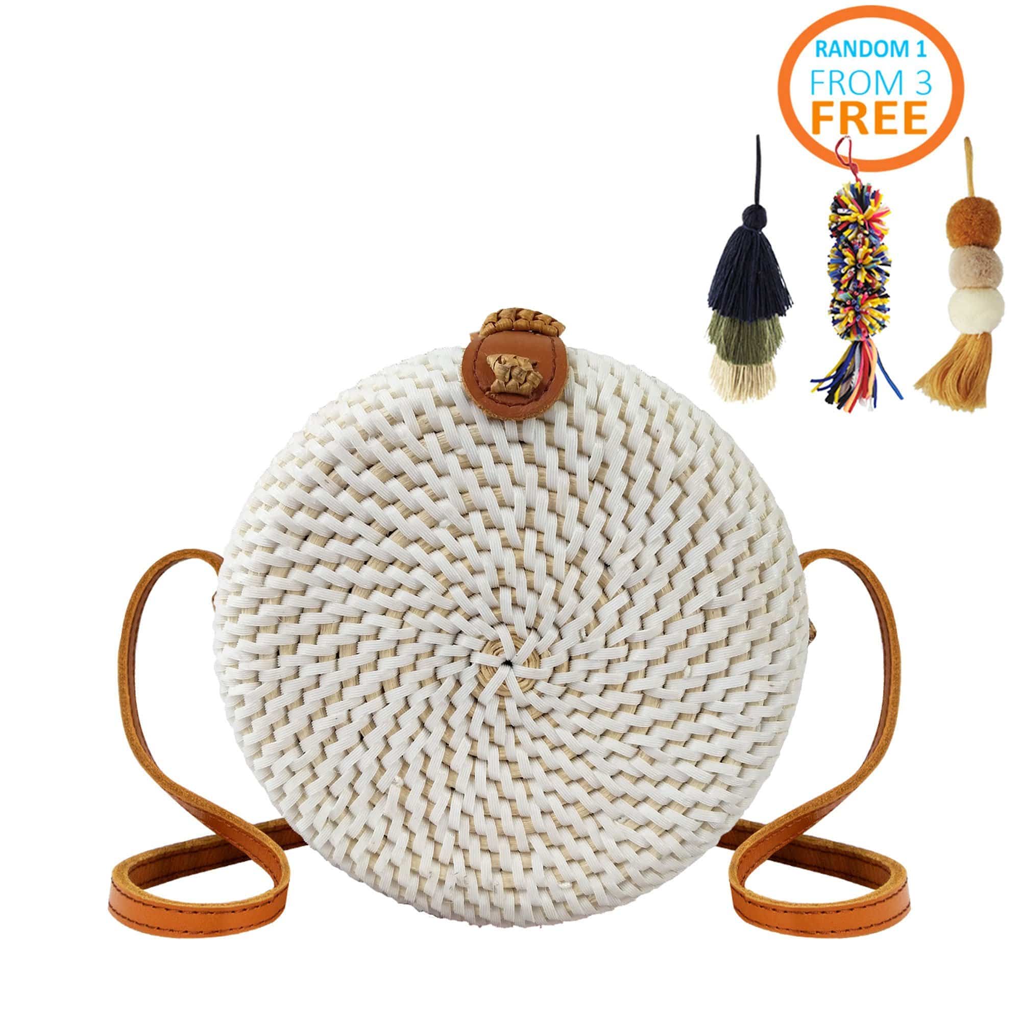 White Round Rattan Bag (7-Inch) | Solid- Front Woven Crossbody Bag for - Made Terra