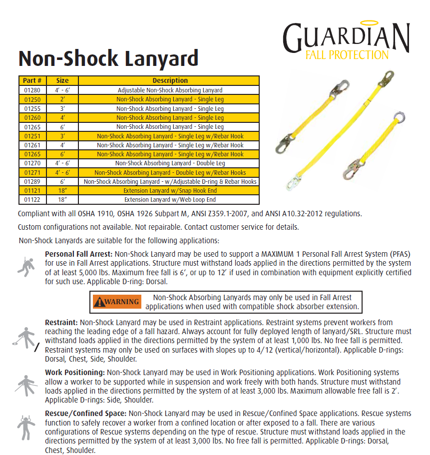 Guardian 01251 3' Single Leg Non-Shock Absorbing Lanyard with Rebar Hook