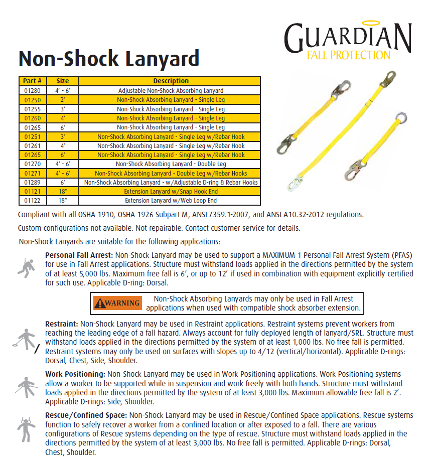 Guardian 01250 2' Single Leg Non-Shock Absorbing Lanyard