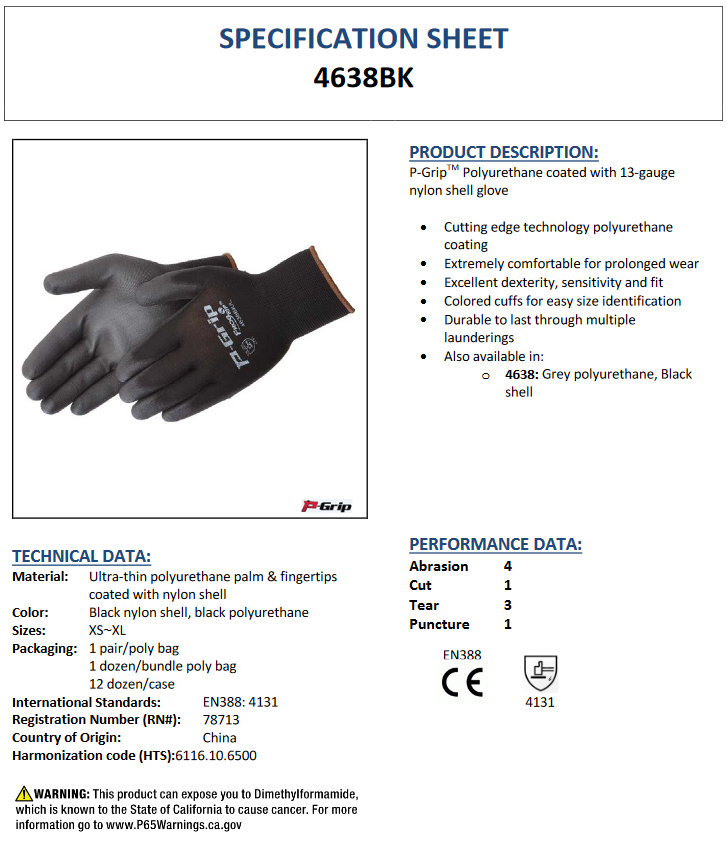 P‑Grip Ultra Thin Black Nylon/Polyurethane Gloves with Black PU Coating