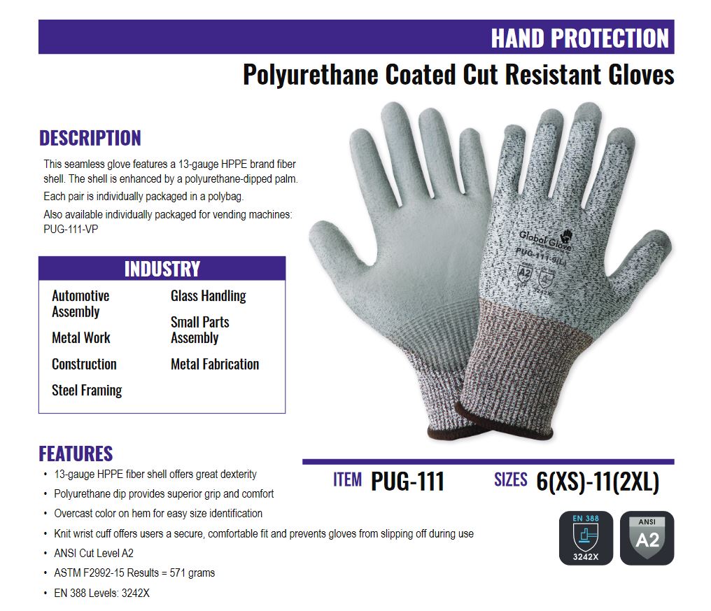 Global Glove PUG-111-VP Cut-Resistant Gloves PUG-111-VP-9(L), Size