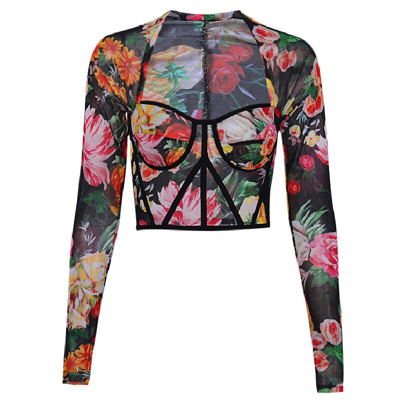 FLORAL CORSET LONG SLEEVE CROP TOP – MUSSECCO