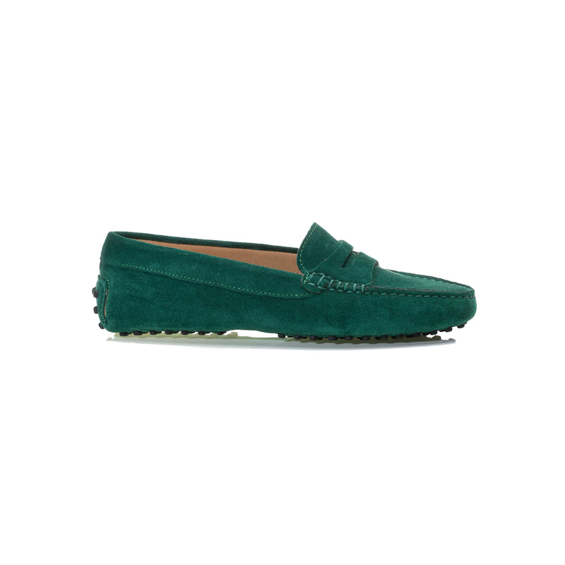 green suede loafer