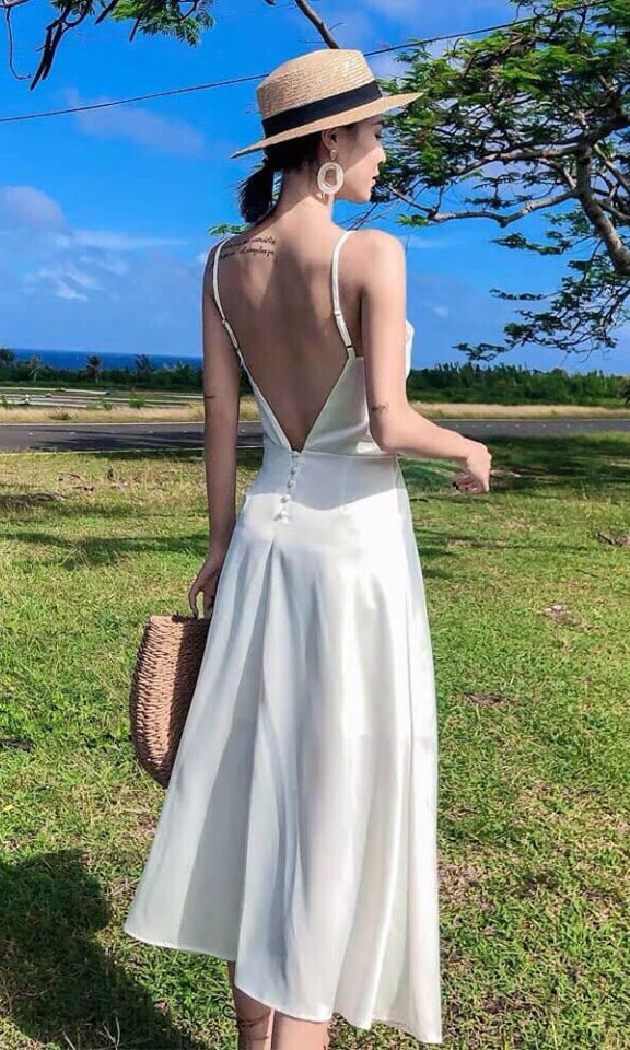 white silk backless dress