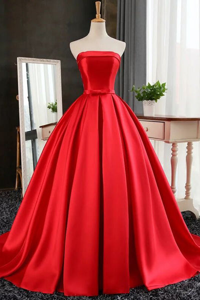 strapless red satin dress