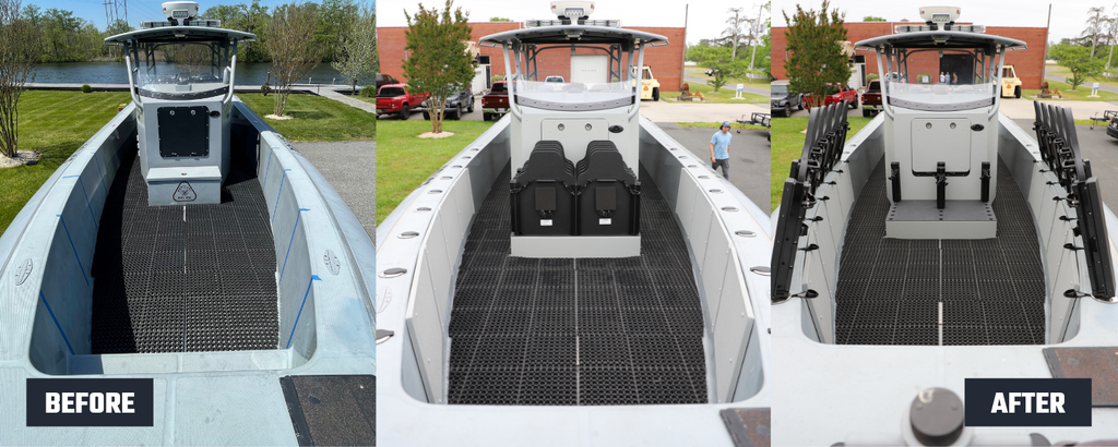 Before and after photo of Hardwire LLC's ballistic armor on Maryland's Department of Natural Resources boat