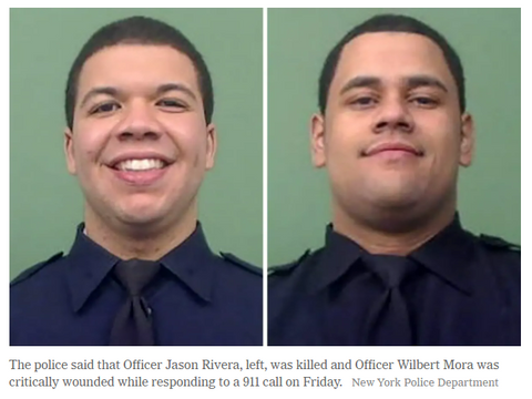 The police said that Officer Jason Rivera, left, was killed and Officer Wilbert Mora was critically wounded while responding to a 911 call on Friday. Credit...New York Police Department