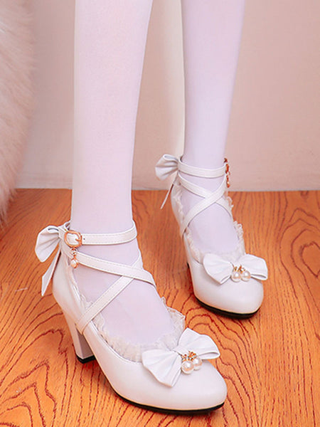Sweet Lolita Footwear Pink Ruffles Bows PU Leather Prism Heel Lolita S ...