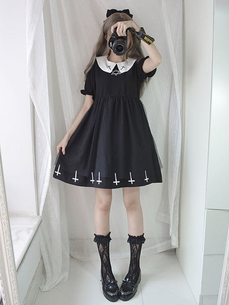 Sweet Lolita OP Dress Cross Hexagram Embroidery Pleated Black Lolita One Piece Dress