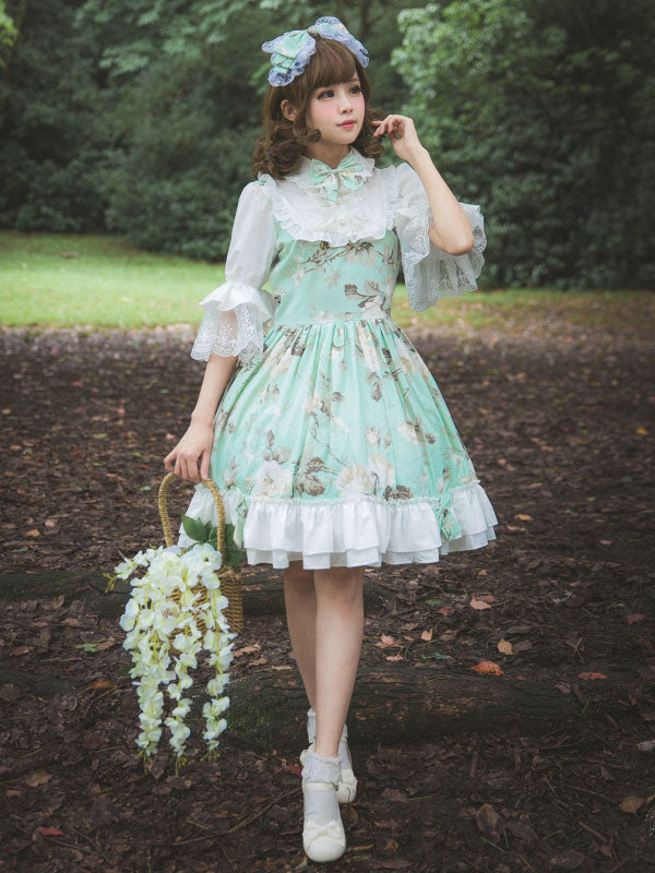 Classic Lolita OP Dress Flower Melody Bow Ruffle Pleated Lolita One Pi ...