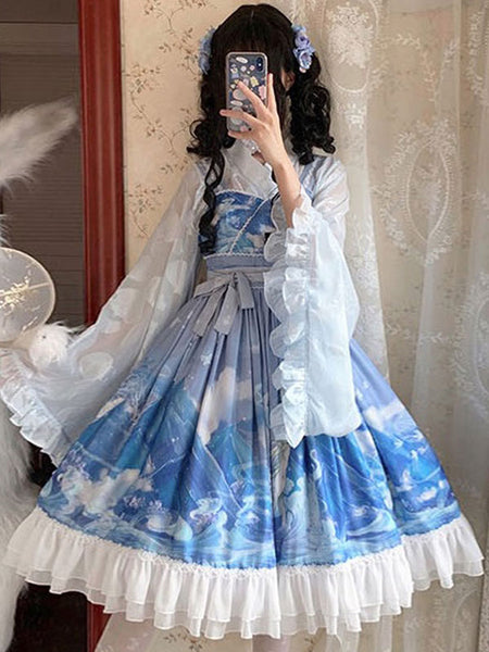 Chinese Style Lolita JSK Dress Blue Ruffles Sleeveless Polyester Sweet Lolita Jumper Skirt
