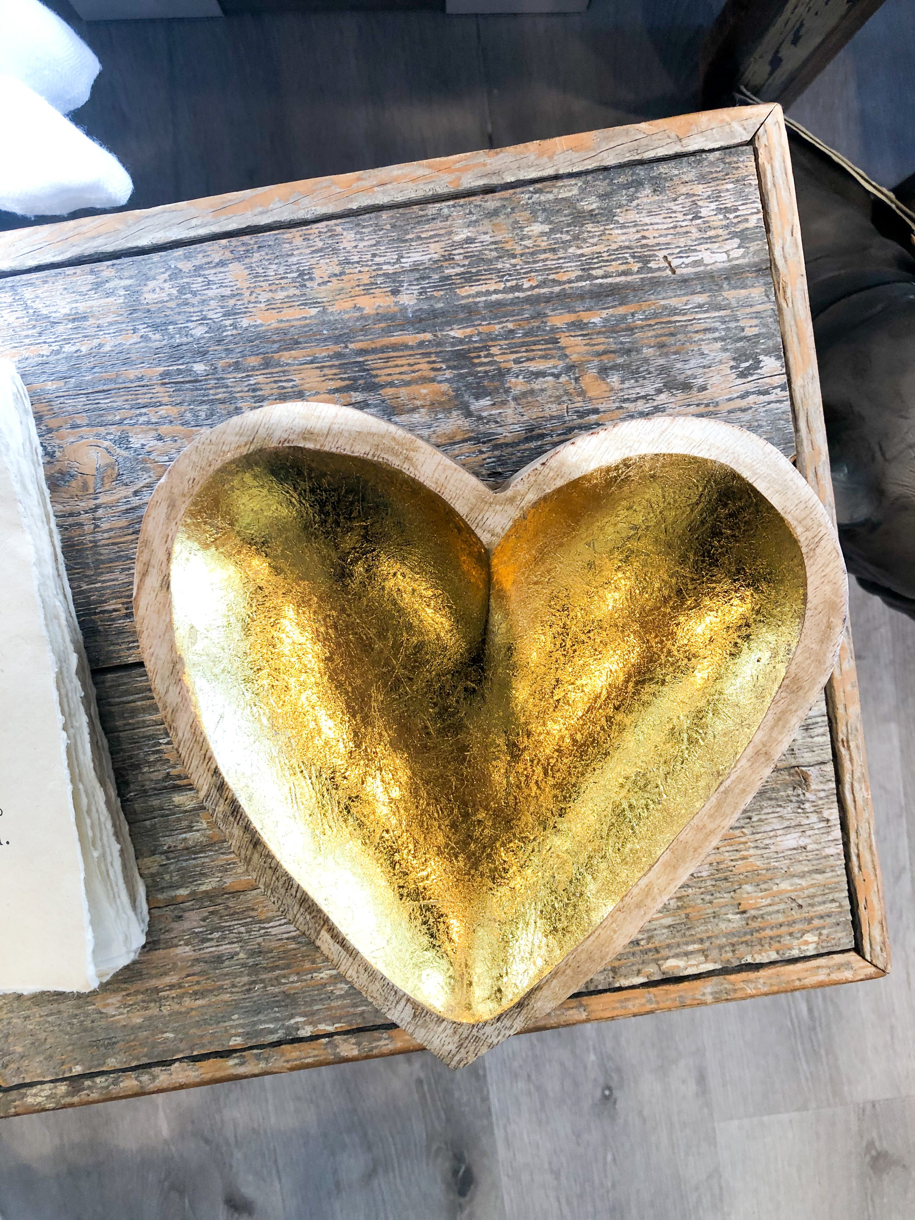 Mango Wood Gold Leaf Heart Bowl