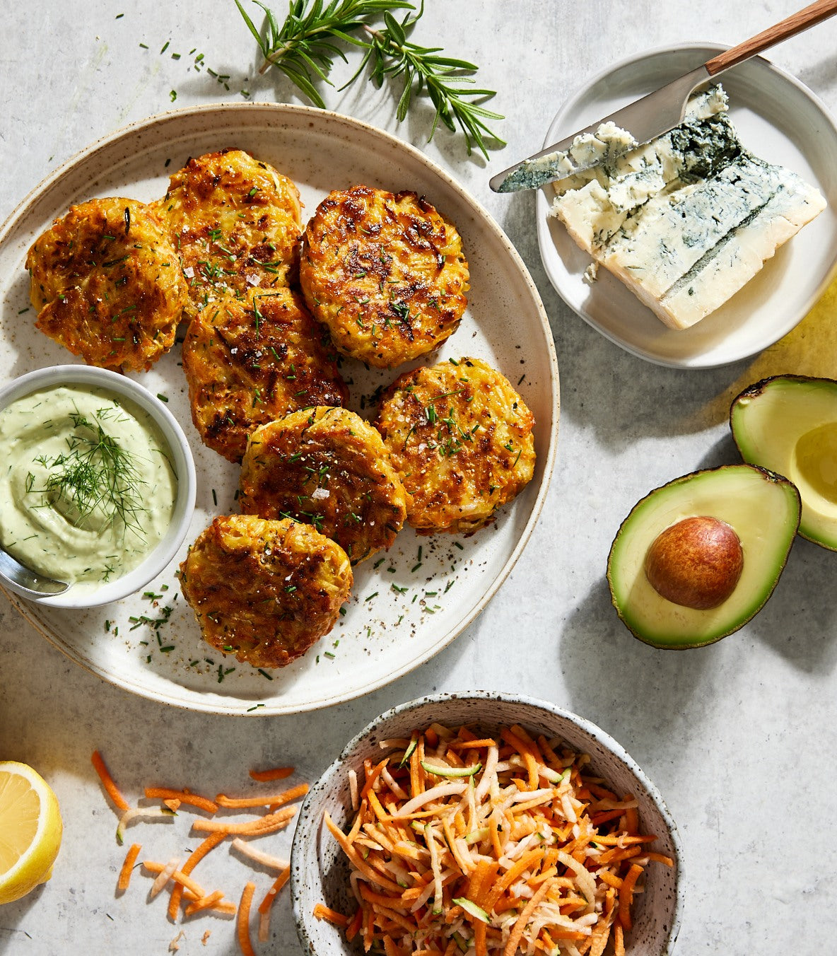 Vegetable fritters with avocado blue cheese dip