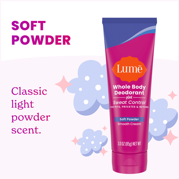 Lume Cream Deodorant Plus Sweat Control tube over clouds, stars, and the text: Classic light powder scent.